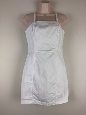 White Denim Mini Dress Spaghetti Strap Fitted Summer Size 6